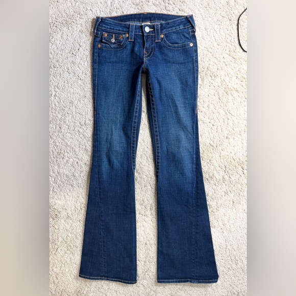 Womens True Religion Jeans size 27 Joey Low Rise Flare Y2K Blue Flap pockets - Picture 11 of 11